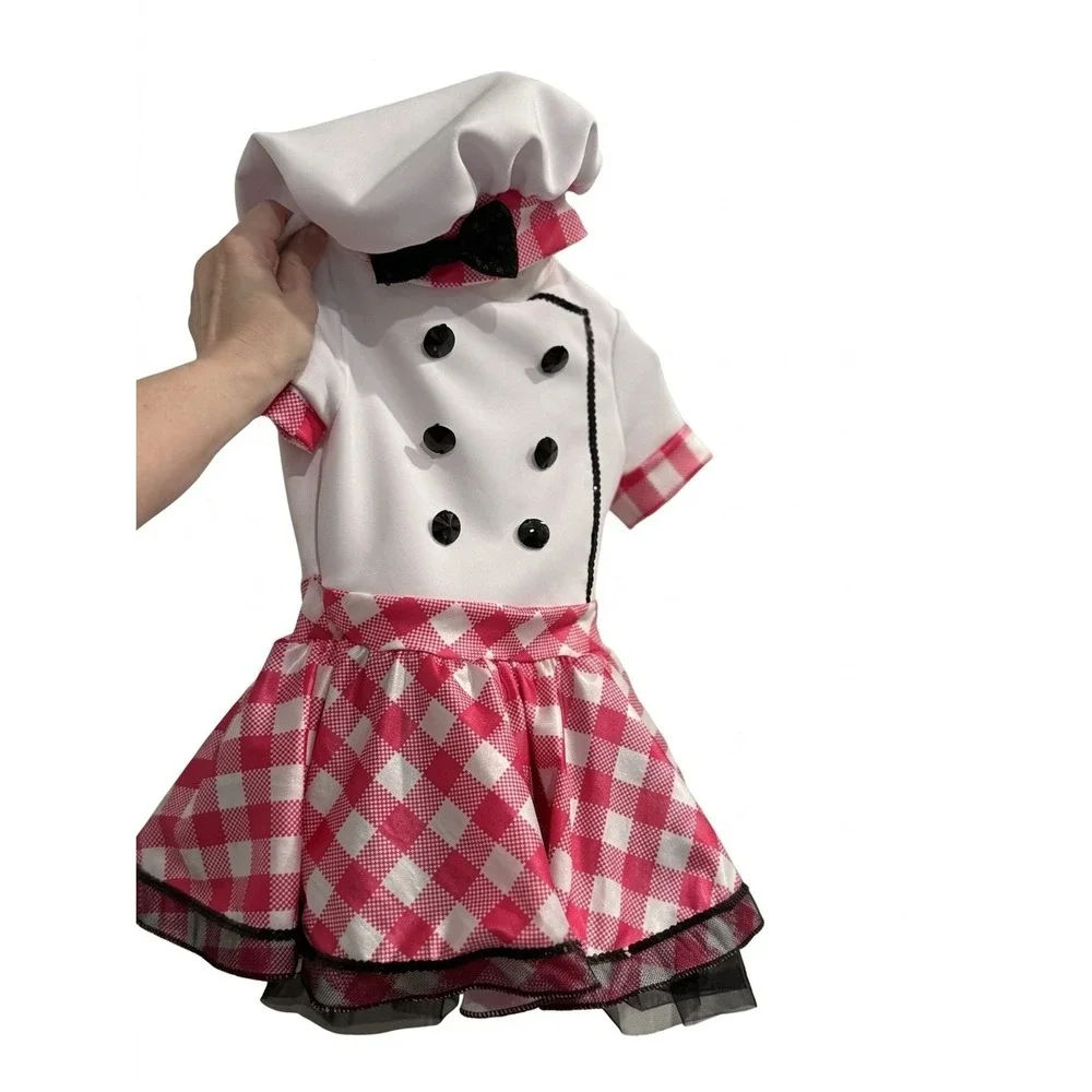 Weissman Girls Chef Dance Costume Pink Gingham Checkered Dress Hat XSC